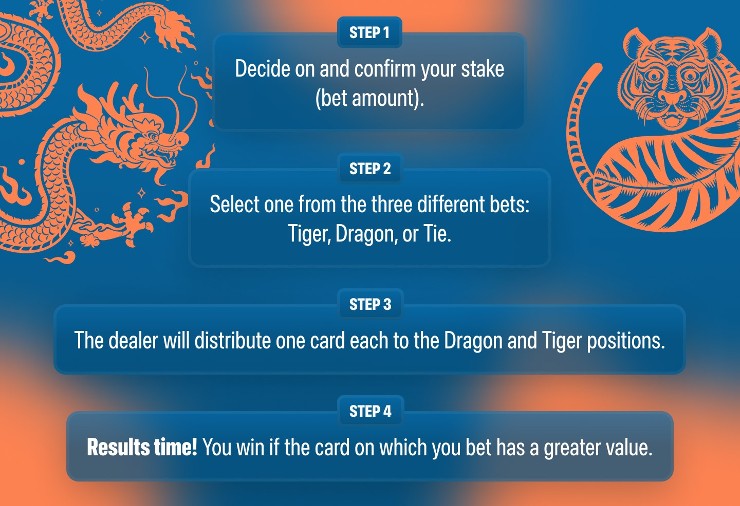 Infographic explaining how to play Dragon Tiger online.