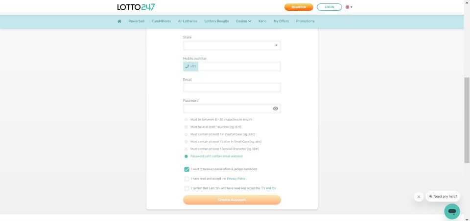 Screenshot of the last step before registration with Lotto247 - creating your password.