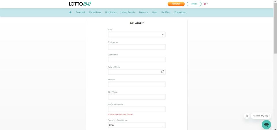 Screenshot of a registration step with Lotto247, where you have to fill in your personal details.