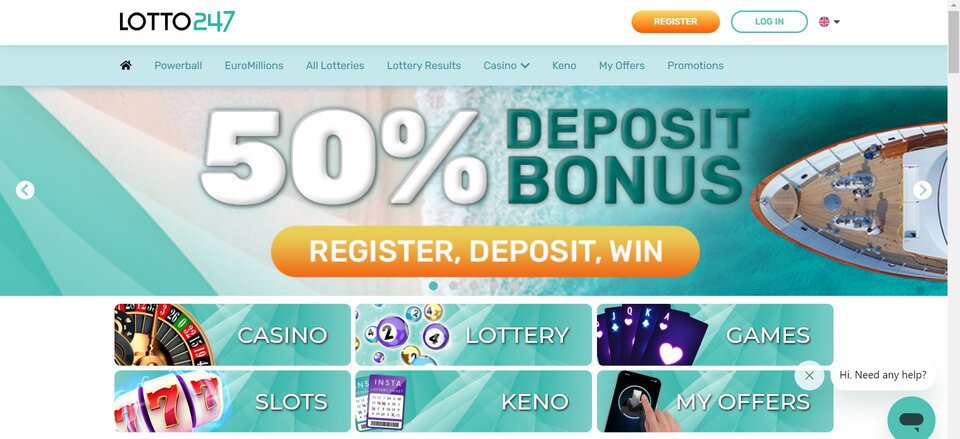 Screenshot of the home page on Lotto247, where you can register to create an account with them.