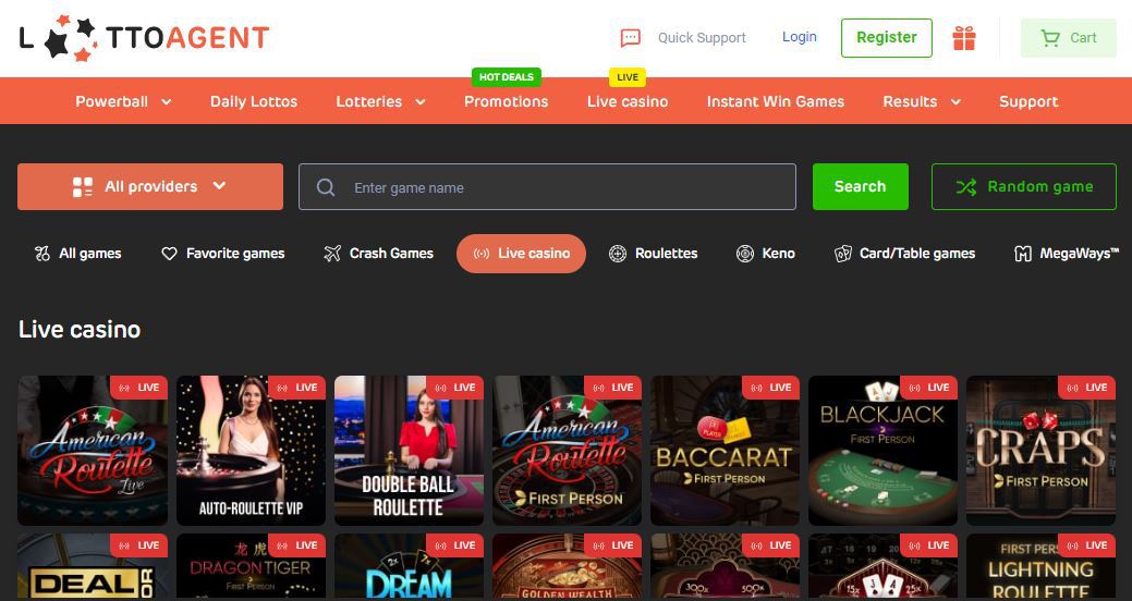 Screenshot of the Live casino section on LottoAgent.