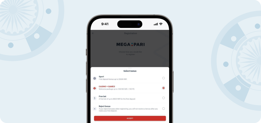 Screenshot showing the bonuses to select from upon registration on the Megapari app.