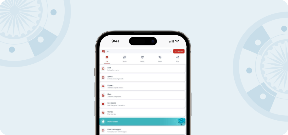 Screenshot showing from where to deposit on the Megapari app.