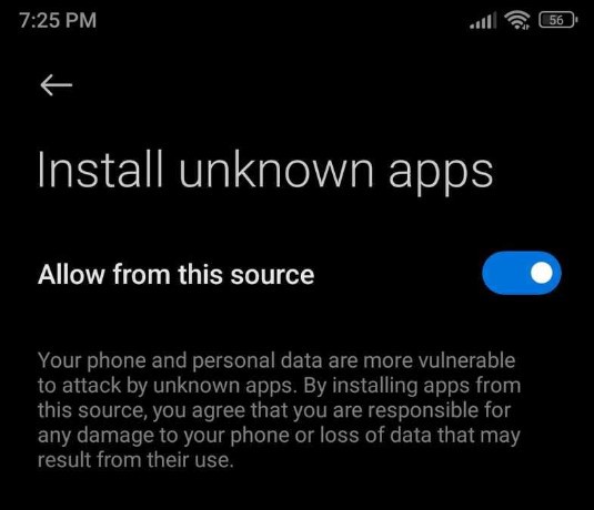 Screenshot of a window on Odds96 asking for permission to install unknown apps.