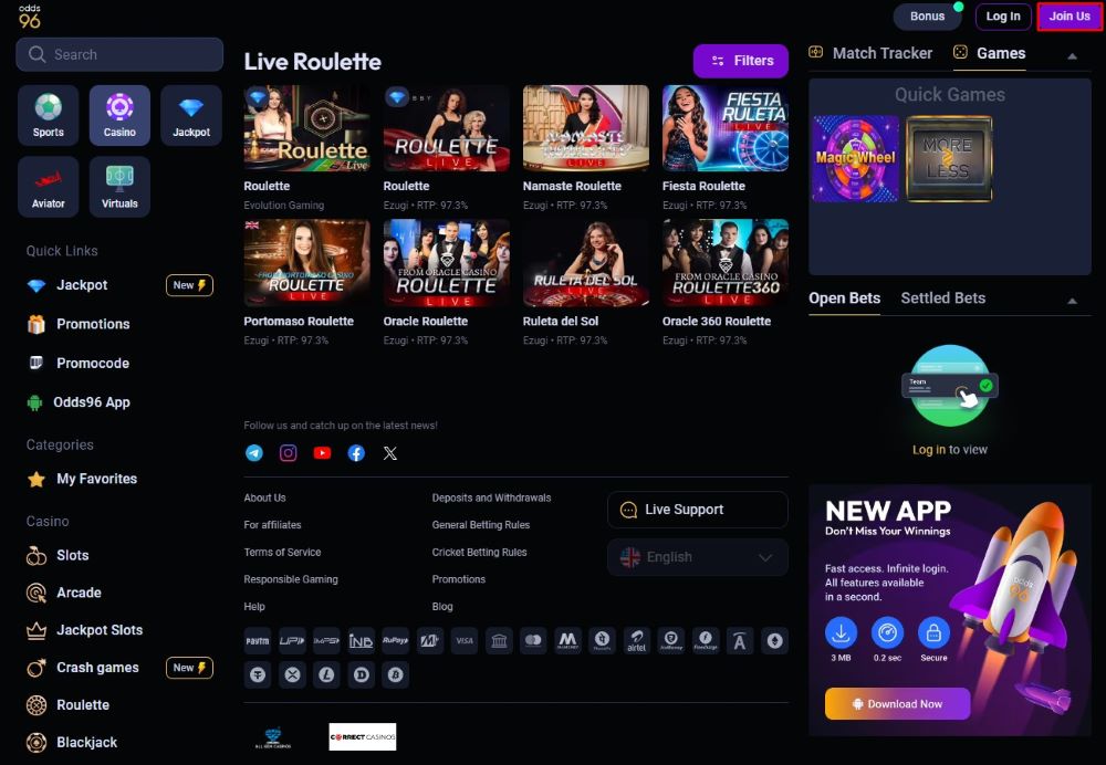 Screenshot of the Odds96 casino homepage, showing where to click to register with the casino.