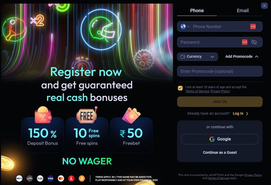Screenshot of the registration window on Odds96.
