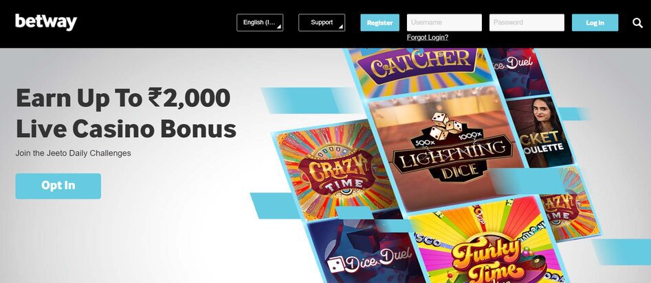 Screenshot of the Live Casino bonus at Betway: Earn up to ₹2,000 Live Casino Bonus.