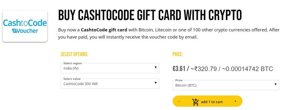 Screenshot showing from where you can buy a CashtoCode gift card with crypto on Coinsbee.
