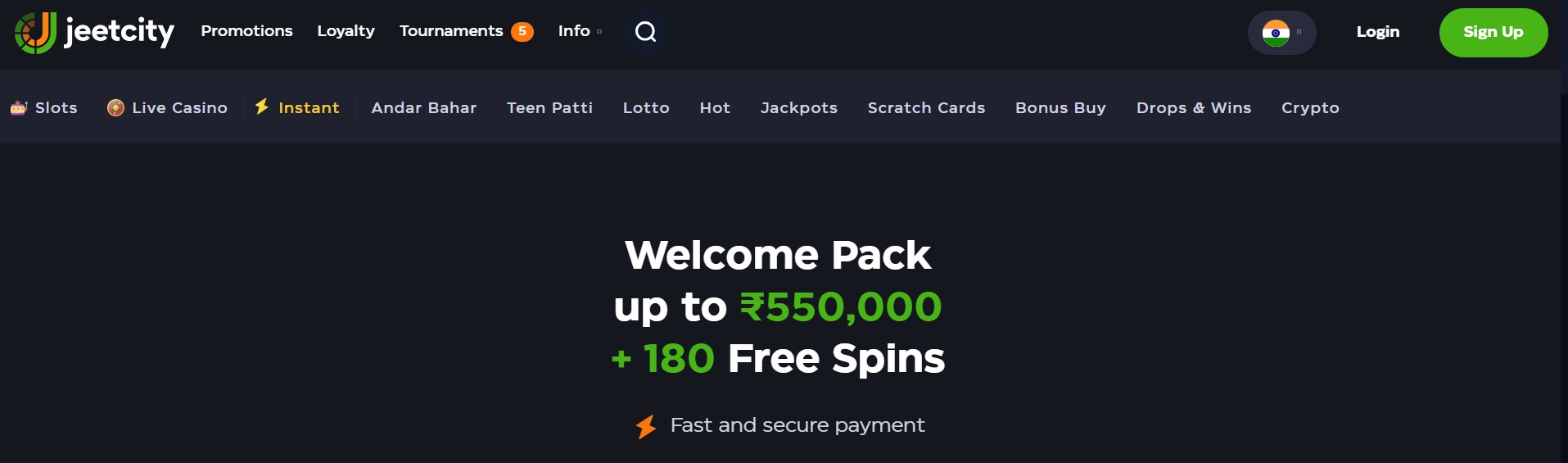 Screenshot of the Welcome Pack at JeetCity: Up to ₹5,50,000 + 180 Free Spins.