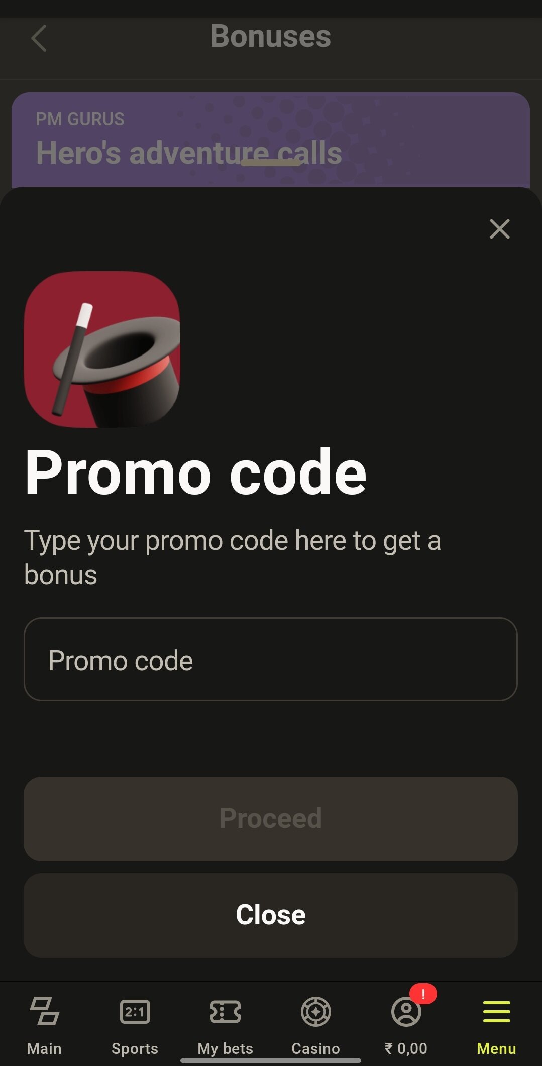 Screenshot of the Bonuses section on the Parimatch app, where you can insert your promo code.
