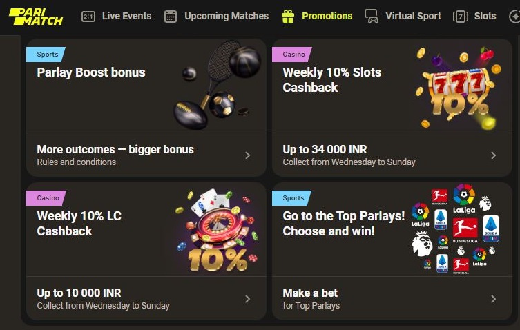 Screenshot of the Promotions section on Parimatch