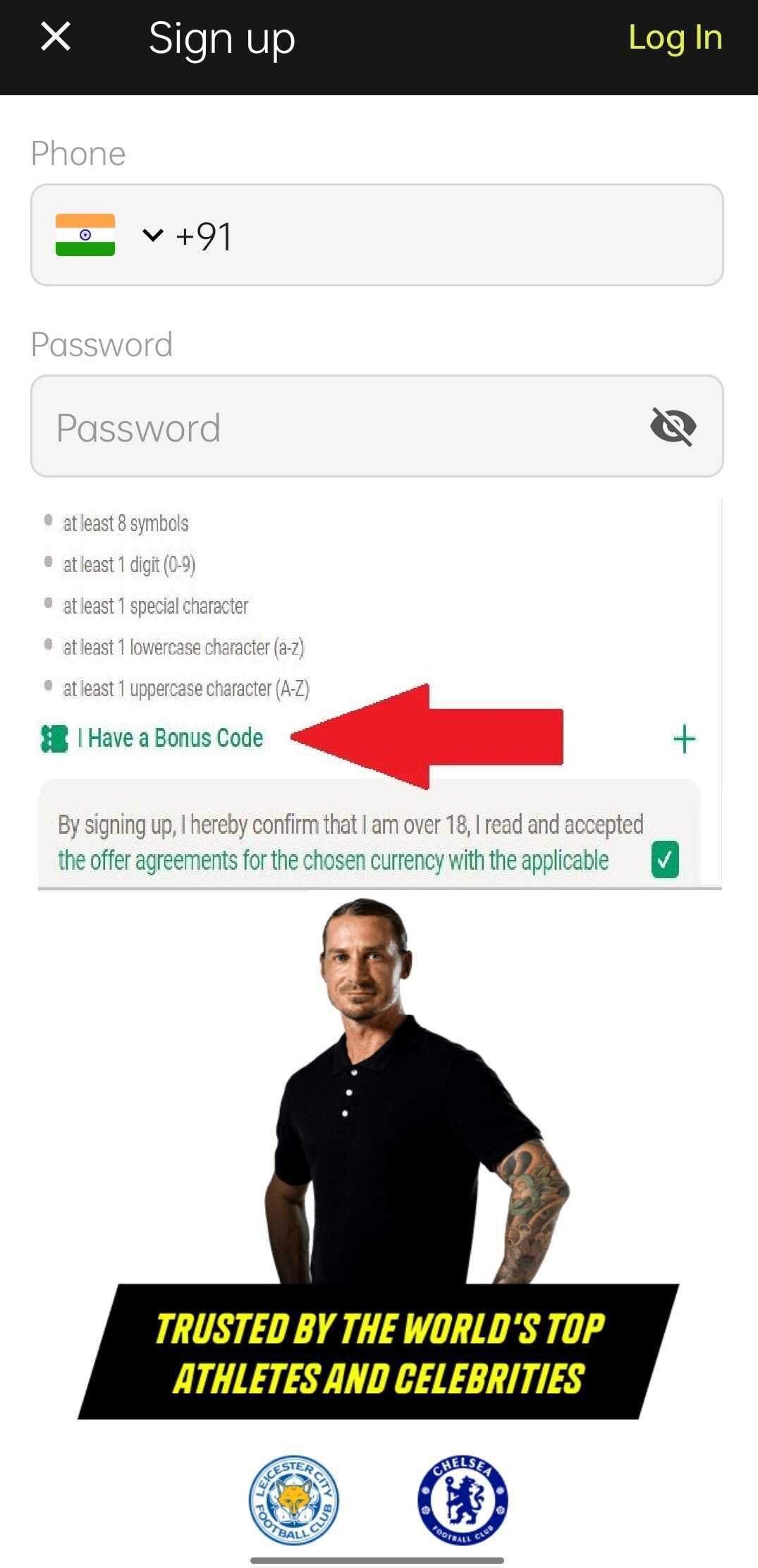 Screenshot of the sign-up step on Parimatch, where you can tick the option "I have a Bonus Code".