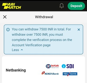 Screenshot of a withdrawal notice on Parimatch.