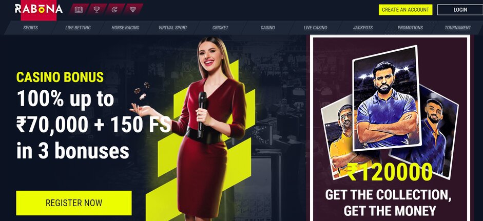 Screenshot of the Casino Bonus at Rabona: 100% up to ₹70,000 + 150 FS in 3 bonuses.