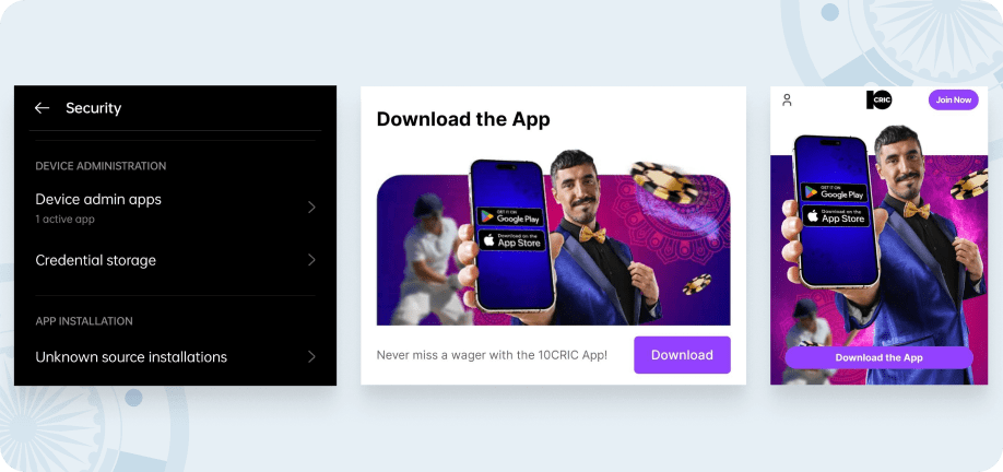 3 screenshots next to each other, showing how to download the 10CRIC app for Android.