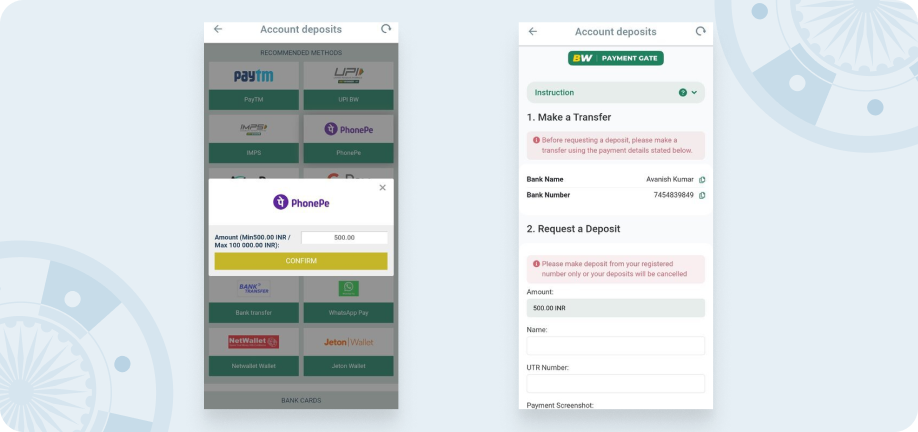 Two screenshots side by side, showing steps 4-5 of how to deposit on the BetWinner app.