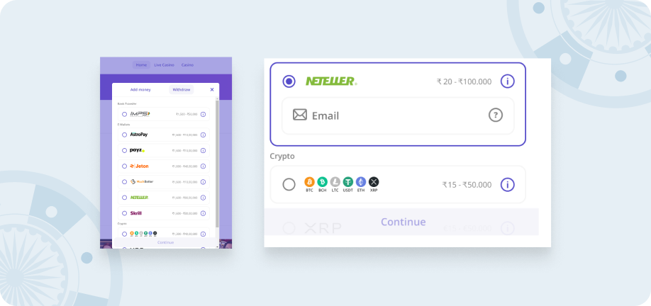 Image with 2 screenshots side by side. The left one is showing the withdrawal methods available on Casino Days. The right one is showing a withdrawal using Neteller.