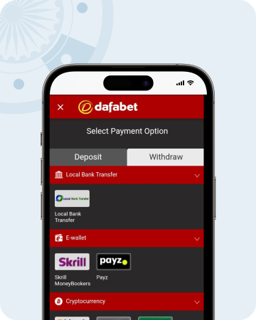 Screenshot of the payment options available for withdrawal and their withdrawal time on the Dafabet app.