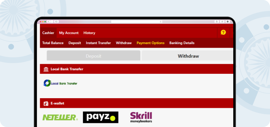 Screenshot of the payment options available for withdrawal on Dafabet.