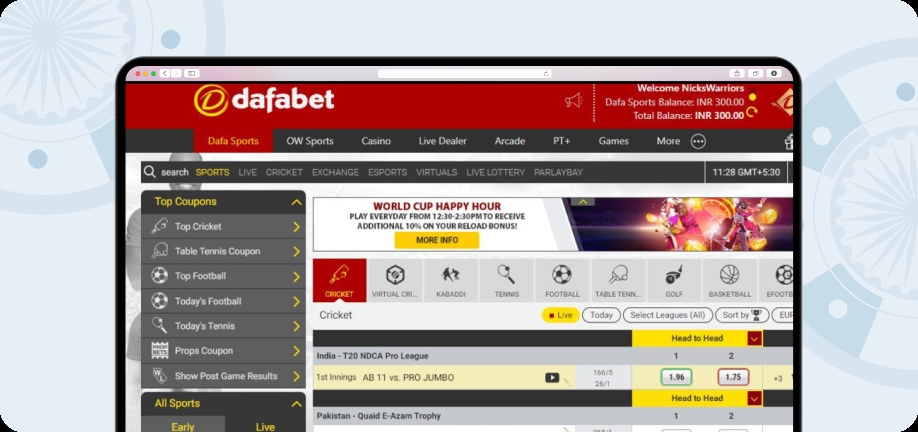 Screenshot of the Dafabet sports homepage.