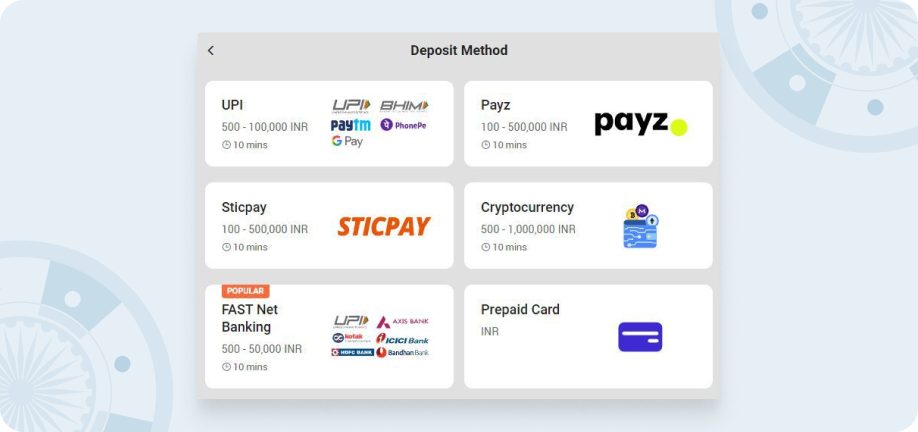 Screenshot of the deposit methods accepted on Fun88.