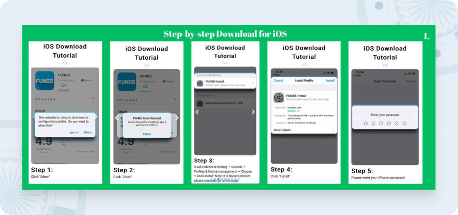 Infographic showing how to download the Fun88 iOS app, steps 1-5.