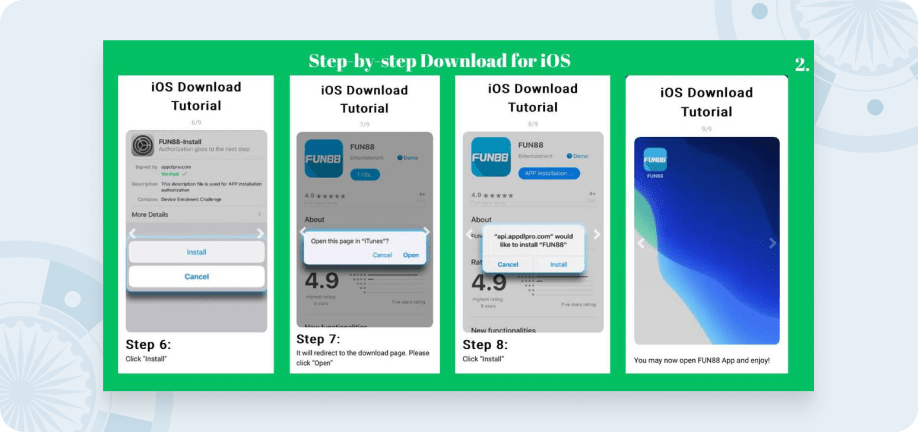 Infographic showing how to download the Fun88 iOS app, steps 6-8.