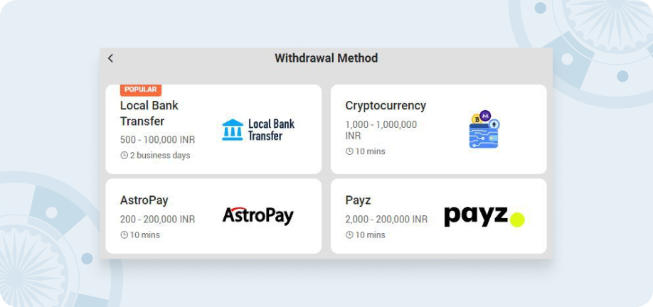 Screenshot of the withdrawal methods accepted on Fun88.